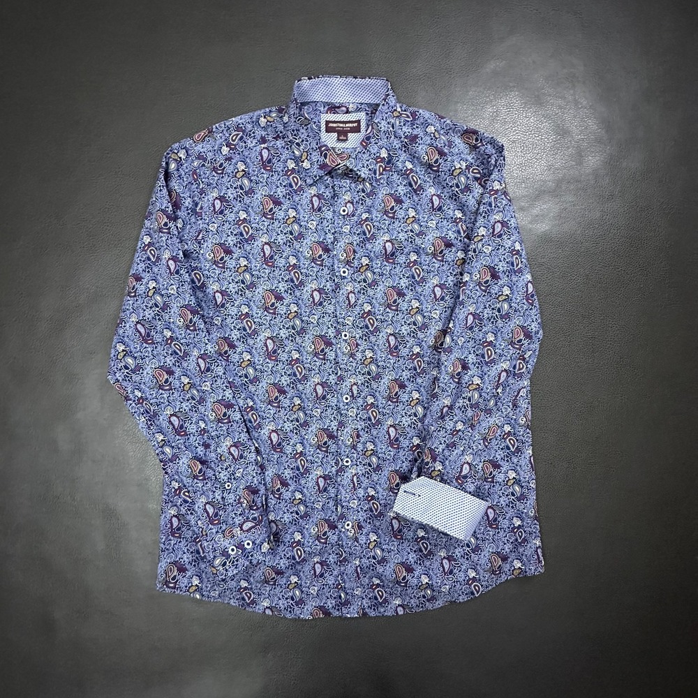 Johnston & Murphy Shirt Mens Large Blue Flip Cuff Paisley Floral AOP Classic